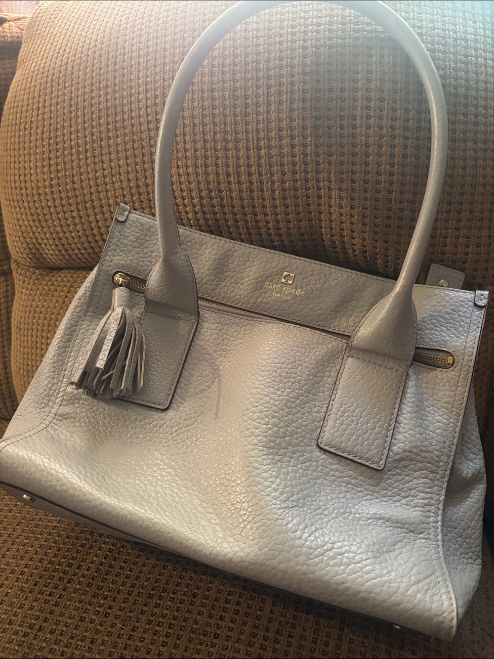kate spade Gray Pebbled Leather Shoulder Tote with Tassel